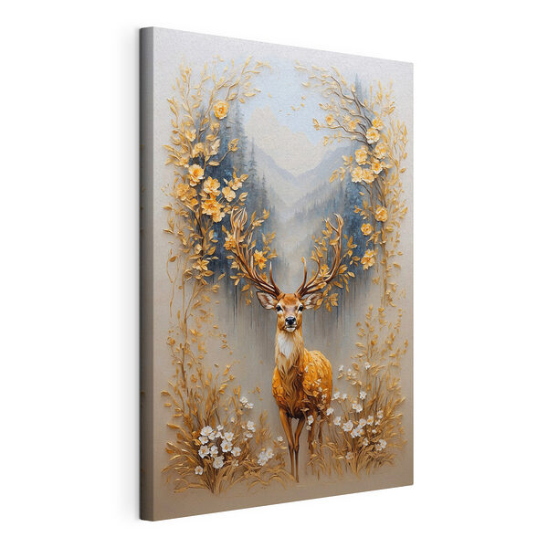 Gemälde eines Hirsches mit Blumen und Bergen Wandbilder Gemälde eines Hirsches mit Blumen und Bergen
