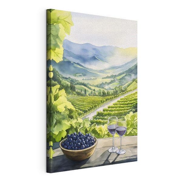 Gemälde mit Weingläsern und Trauben auf einem Tisch vor einem Weinberg Wandbilder Gemälde mit Weingläsern und Trauben auf einem Tisch vor einem Weinberg