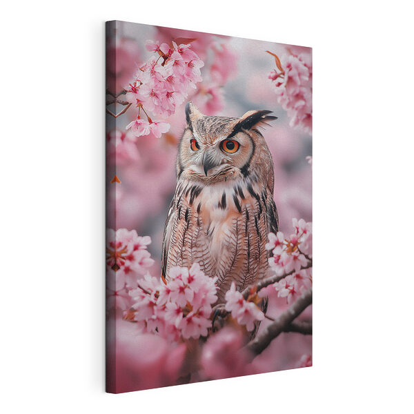 Wandbilder Eine Eule in einem Baum mit rosa Blumen