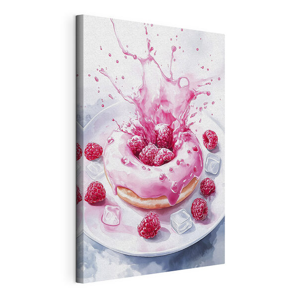 Donut mit rosa Zuckerguss und Himbeeren, die auf einen weißen Teller spritzen Wandbilder Donut mit rosa Zuckerguss und Himbeeren, die auf einen weißen Teller spritzen
