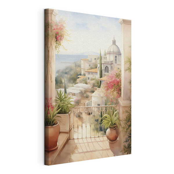 Wandbilder Aquarell eines Balkons mit Blick auf eine Stadt