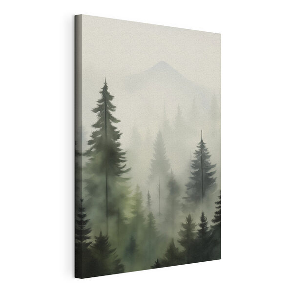 Wandbilder Nebliger Wald mit Bäumen und einem Berg im Hintergrund