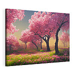 Wandbilder Feld mit rosa Blumen und Bäumen