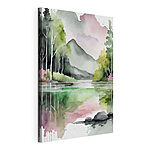 Wandbilder Aquarellmalerei eines Sees mit Bäumen und Bergen im Hintergrund