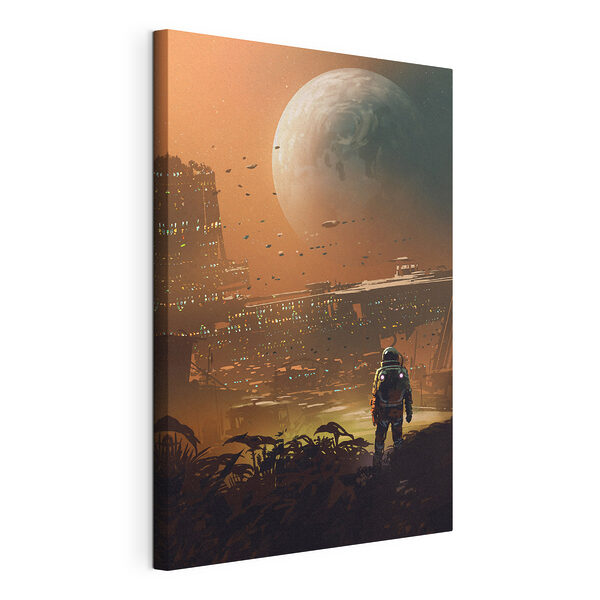 Wandbilder Astronaut untersucht futuristische außerirdische Landschaft