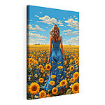Wandbilder Frau im blauen Kleid in einem Sonnenblumenfeld