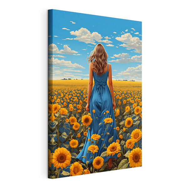 Frau im blauen Kleid in einem Sonnenblumenfeld Wandbilder Frau im blauen Kleid in einem Sonnenblumenfeld