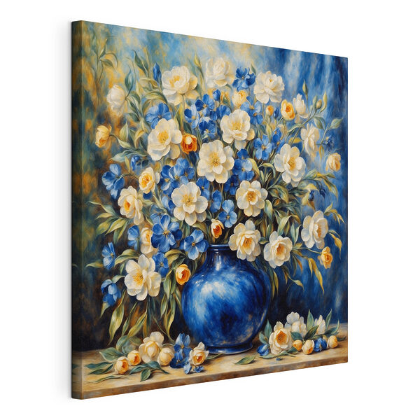 Wandbilder Blaue Vase mit blühenden Blumen