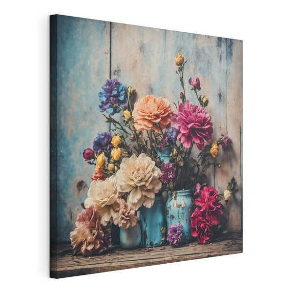 Wandbilder Gruppe von bunten Blumen in blauen Vasen
