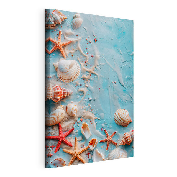 Wandbilder Gruppe von Muscheln und Seesternen auf einer blauen Fläche