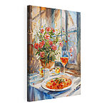 Wandbilder Aquarellmalerei eines Tisches mit Essen und Blumen