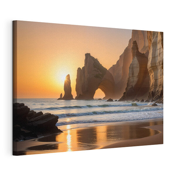 Wandbilder Sonnenuntergang über einem Strand mit Felsen und Wasser
