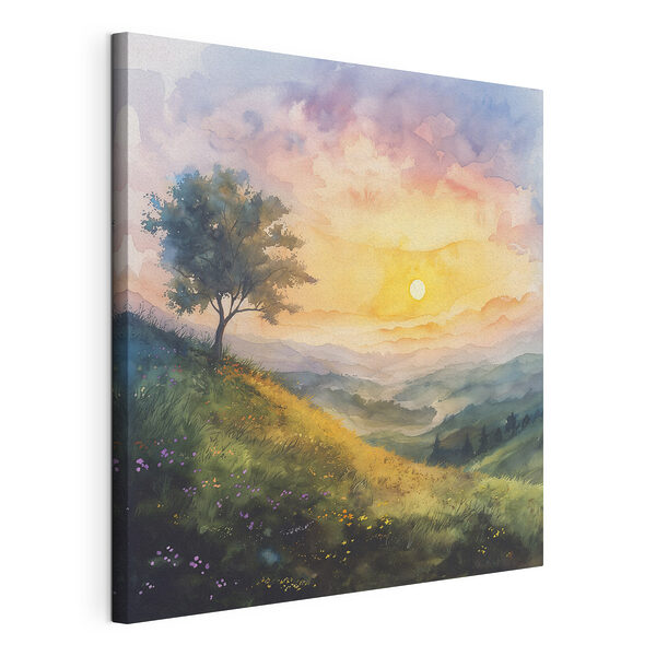 Gemälde einer Landschaft mit einem Baum und Blumen Wandbilder Gemälde einer Landschaft mit einem Baum und Blumen