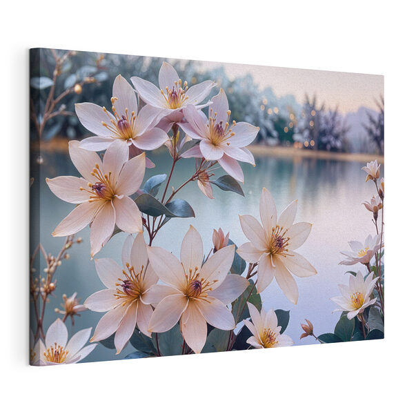 Wandbilder Gruppe von weißen Blumen neben einem Gewässer