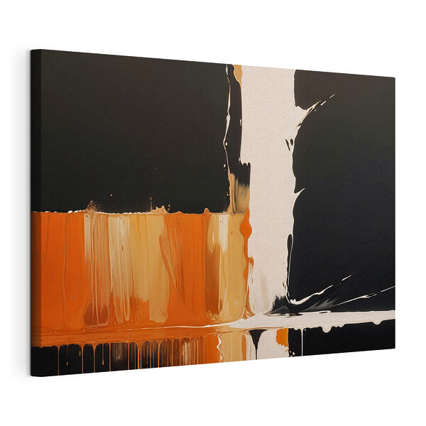 Wandbilder Weiße und orange Farbe tropft auf eine schwarze Oberfläche