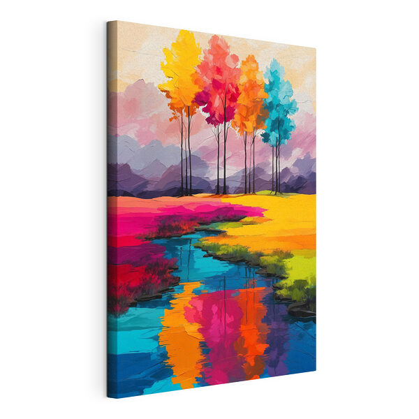 Canvas prints Painting of a river running through a field of colorful trees Wandbilder Canvas prints Painting of a river running through a field of colorful trees