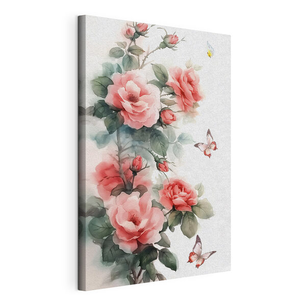 Wandbilder Gemälde mit rosa Blumen und einem Schmetterling