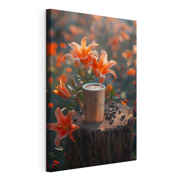 Wandbilder Tasse Kaffee auf einem Baumstumpf mit orangefarbenen Blumen