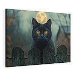 Wandbilder Schwarze Katze mit gelben Augen hinter einem Zaun