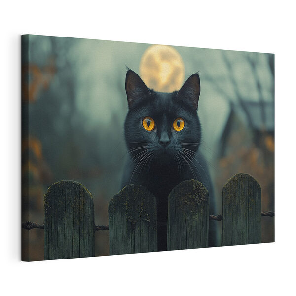 Wandbilder Schwarze Katze mit gelben Augen hinter einem Zaun