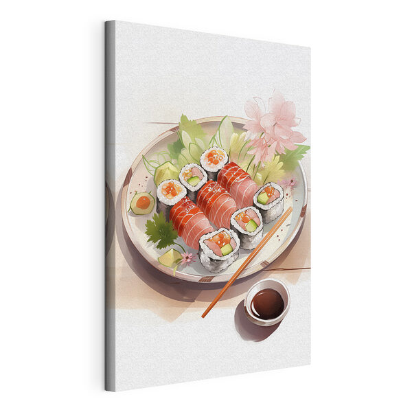 Wandbilder Sushi-Teller mit Sauce und Blumen