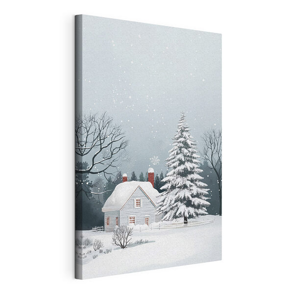 Wandbilder Haus mit Schnee auf dem Dach und einem Baum im Schnee