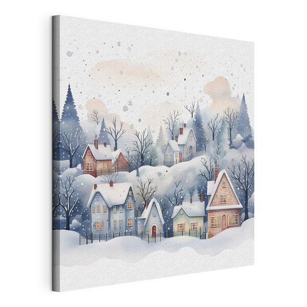 Wandbilder Aquarellmalerei von Häusern und Bäumen im Schnee