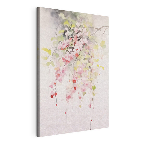 Wandbilder Aquarellmalerei mit rosa Blumen und grünen Blättern