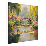 Wandbilder Brücke über einen Teich mit Seerosenblättern und Blumen
