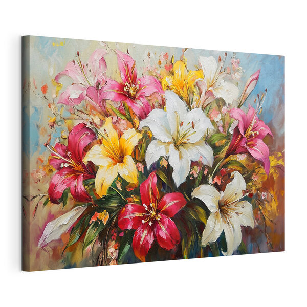 Wandbilder Gemälde mit Blumen auf blauem Hintergrund