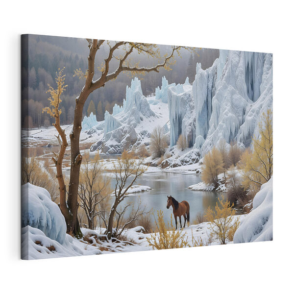 Wandbilder Ein Pferd steht im Schnee neben einem Gewässer