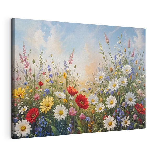 Wandbilder Blumenfeld mit blauem Himmel und Wolken