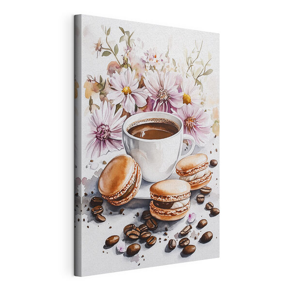 Wandbilder Aquarellmalerei einer Tasse Kaffee und Keksen