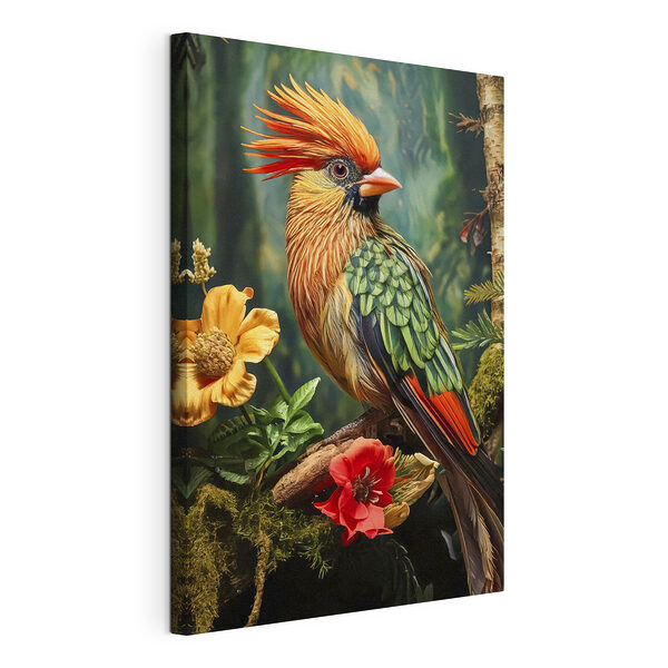 Wandbilder Bunter Vogel sitzt auf einem Zweig mit Blumen