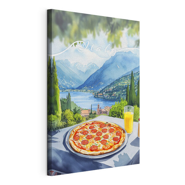 Wandbilder Pizza und Saft auf einem Tisch mit Bergen und Bäumen (Artikelnummer: s42435) Wandbilder Wandbilder Pizza und Saft auf einem Tisch mit Bergen und Bäumen (Artikelnummer: s42435)