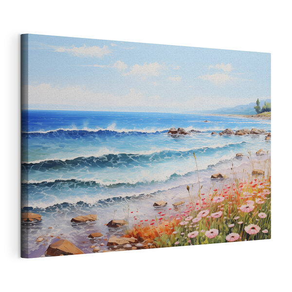 Wandbilder Gemälde eines Strandes mit Blumen und Wellen
