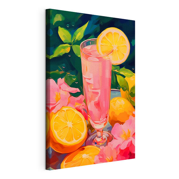 Wandbilder Glas mit rosa Flüssigkeit, Zitronen und Blumen
