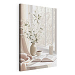 Wandbilder Tasse Kaffee und eine Vase mit Blumen auf der Fensterbank