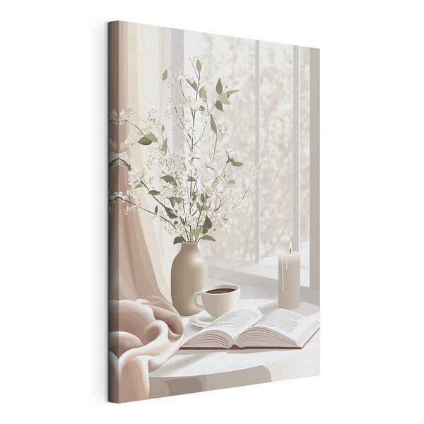 Wandbilder Tasse Kaffee und eine Vase mit Blumen auf der Fensterbank