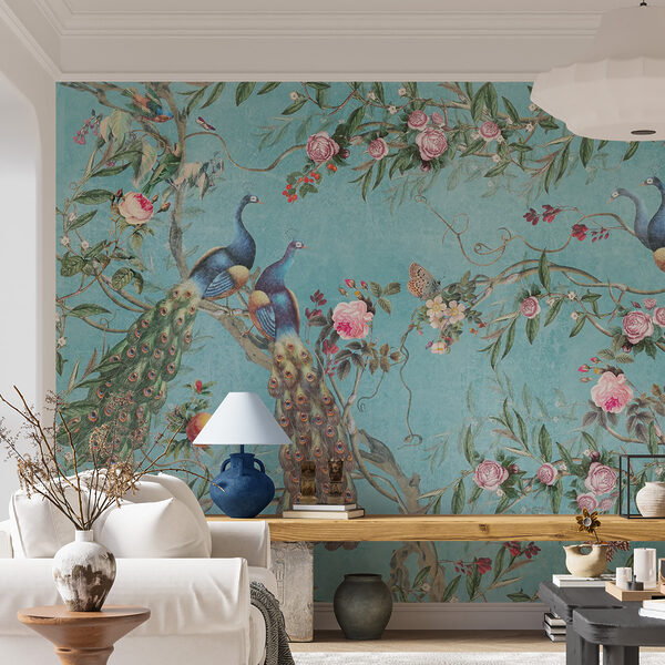 Fototapeten Pfaue und Blumen auf blauem Hintergrund