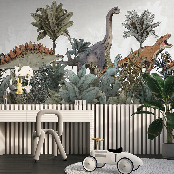 Fototapeten Dinosaurier, die durch üppiges Blattwerk streifen