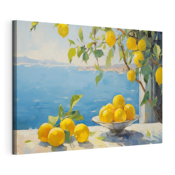 Eine Schale mit Zitronen auf einem Tisch neben einem Baum Wandbilder Eine Schale mit Zitronen auf einem Tisch neben einem Baum