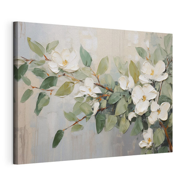 Gemälde mit weißen Blüten und grünen Blättern Wandbilder Gemälde mit weißen Blüten und grünen Blättern