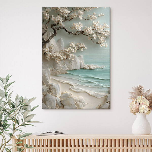 Wandbilder Gemälde eines Strandes mit weißen Blumen und einem Baum