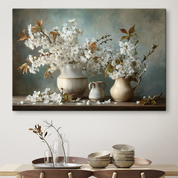 Gruppe weißer Blumen in Vasen Wandbilder Gruppe weißer Blumen in Vasen
