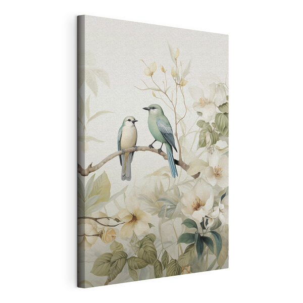 Zwei Vögel auf einem Ast mit Blumen Wandbilder Zwei Vögel auf einem Ast mit Blumen