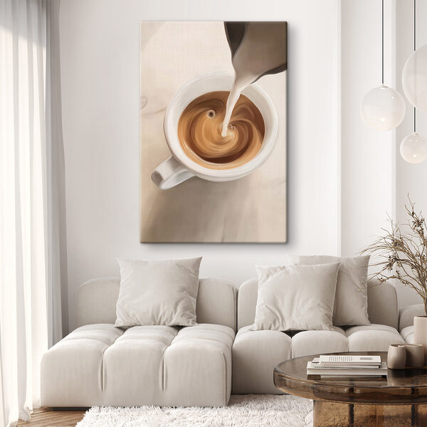 Eine Tasse Kaffee, in die Milch eingegossen wird Wandbilder Eine Tasse Kaffee, in die Milch eingegossen wird