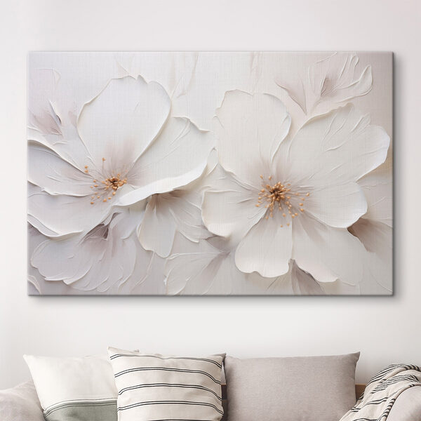 Wandbilder Kunstwerk mit weißen Blumen an einer Wand