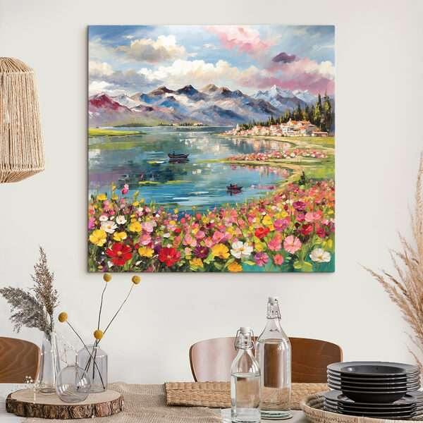 Gemälde eines Sees mit Blumen und Bergen im Hintergrund Wandbilder Gemälde eines Sees mit Blumen und Bergen im Hintergrund