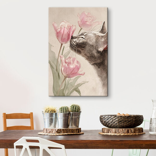 Wandbilder Katze, die an Blumen schnüffelt